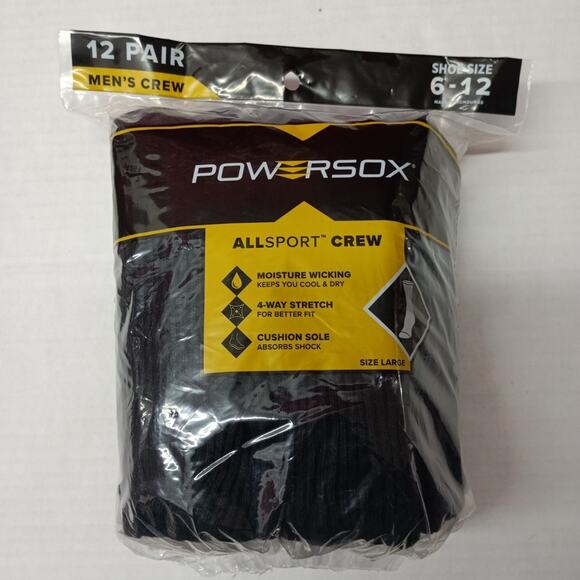 Powersox Men's Crew Socks 12 Pair Black Size Large 6-12 Moisture Wicking NEW - Picture 1 of 5